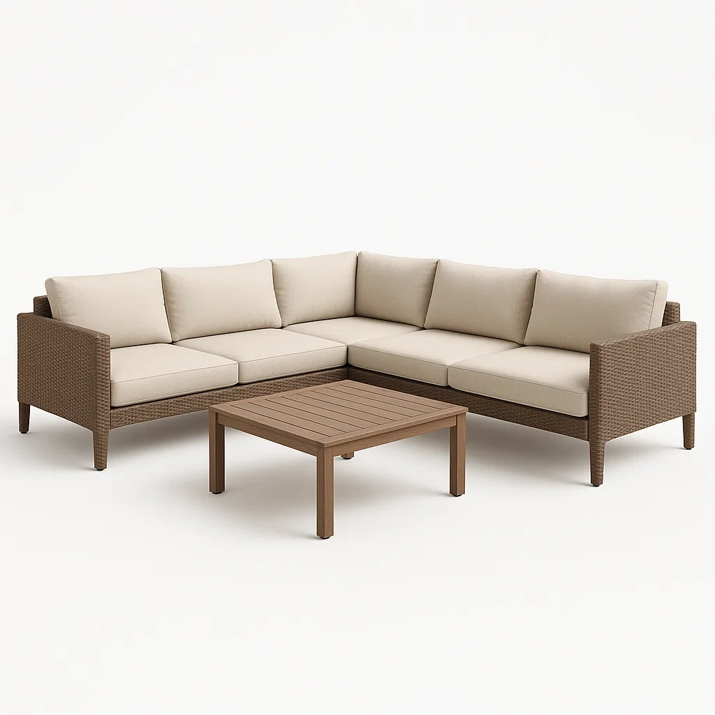 Ensemble lounge pour terrasse et jardin mobilier de jardin en rotin avec coussins en polyester beige et table en bois-seatcraftz