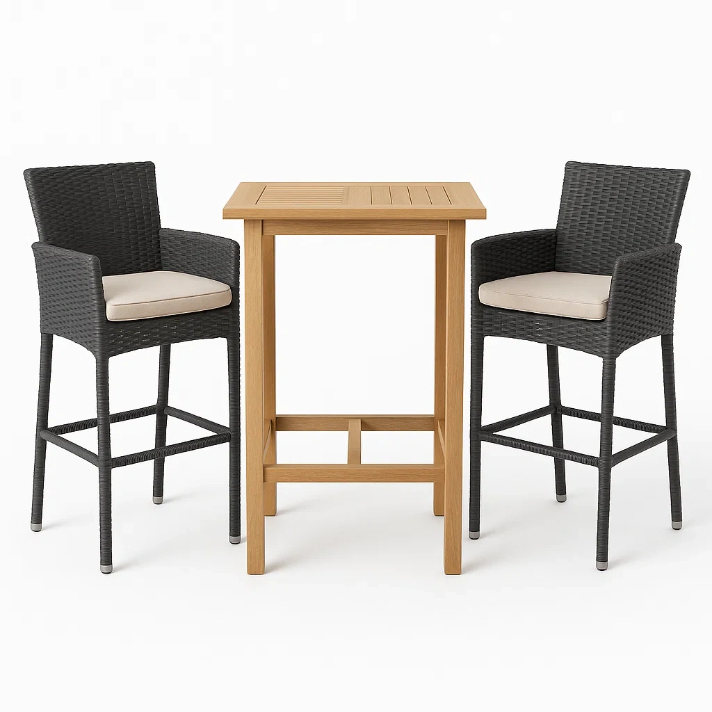 Ensemble de bar pour terrasse et jardin extérieur en bois et résine tressée avec coussins-seatcraftz