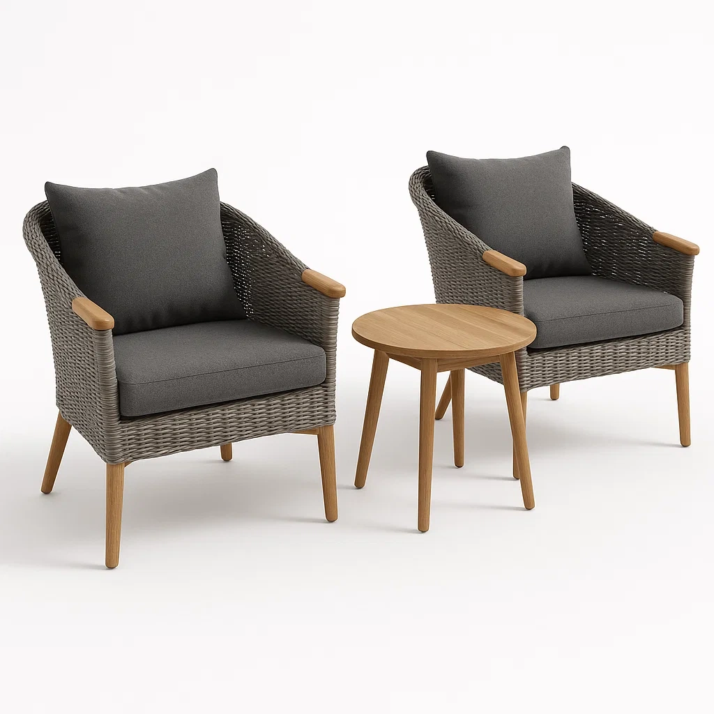 Ensemble lounge pour terrasse et jardin mobilier de jardin 2 fauteuils en résine avec coussins gris et table en bois-seatcraftz