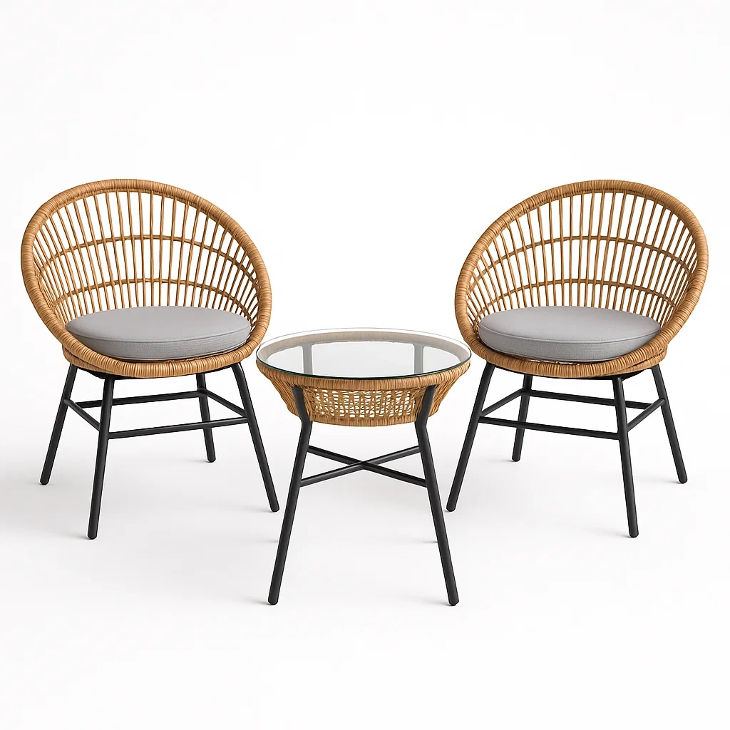 Ensemble lounge pour terrasse et jardin table ronde en verre et deux chaises en résine tressée-seatcraftz