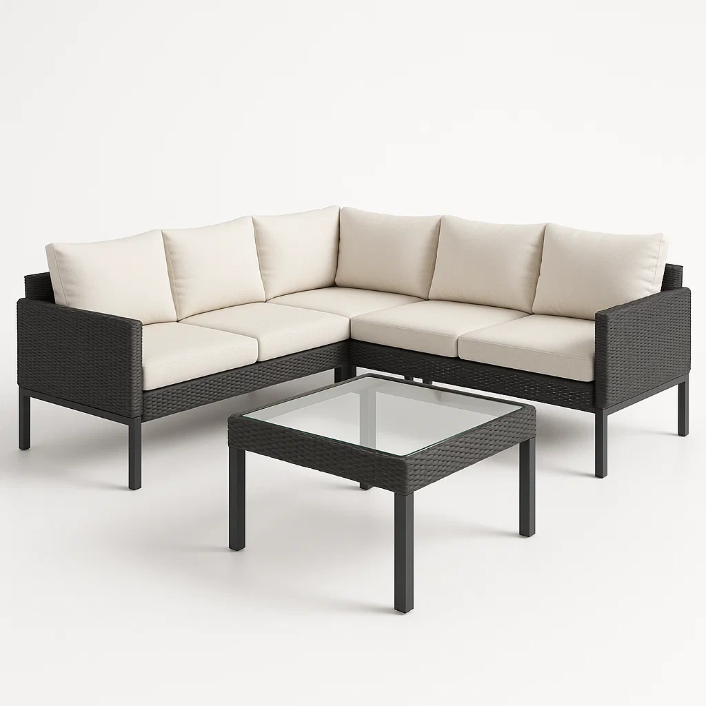 Ensemble lounge pour terrasse et jardin de salon extérieur en résine tressée avec coussins en polyester et table en verre trempé-seatcraftz