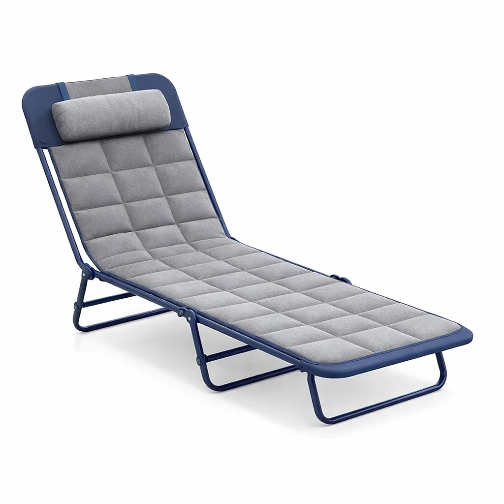 Lettino prendisole pieghevole in metallo e tessuto poliestere, Grigio/Blu-FURNIGLO