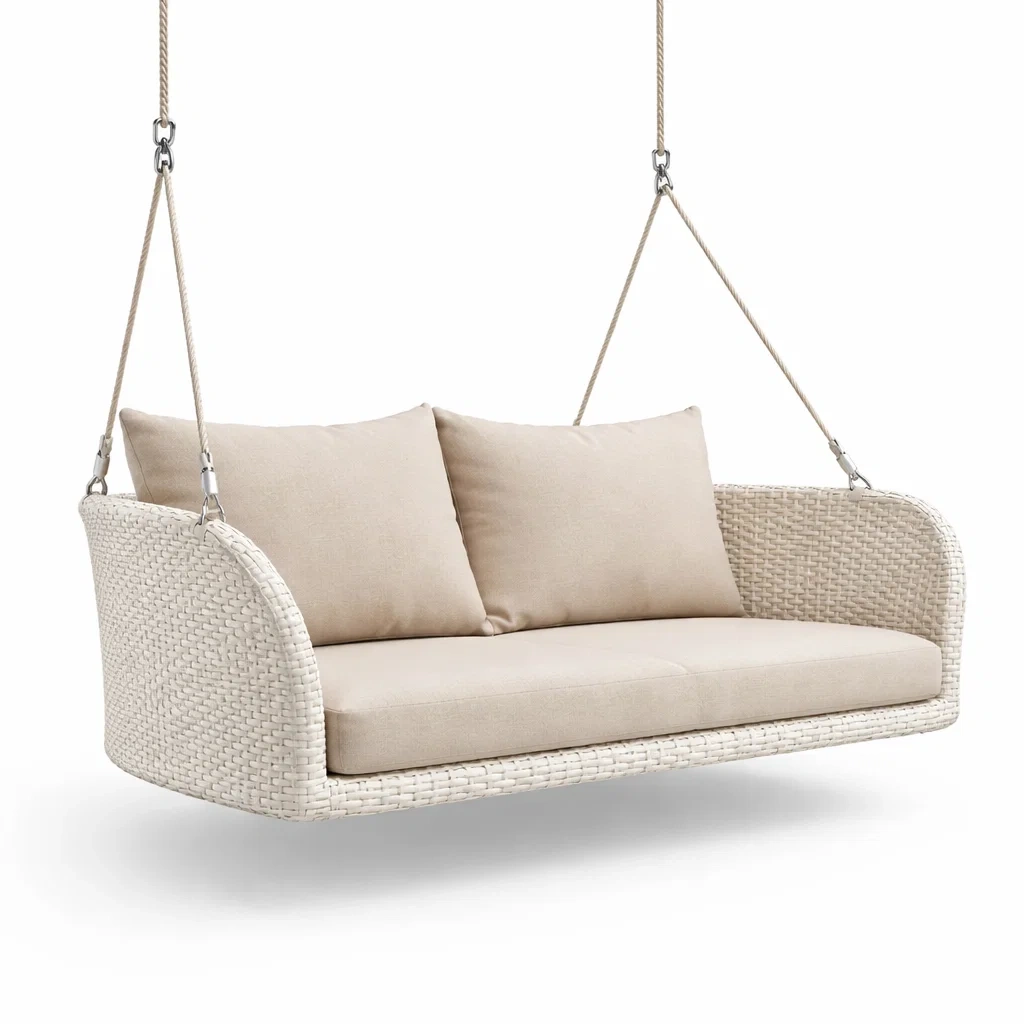 Divano Altalena in Rattan Sintetico con Cuscini in Poliestere Beige-FURNIGLO