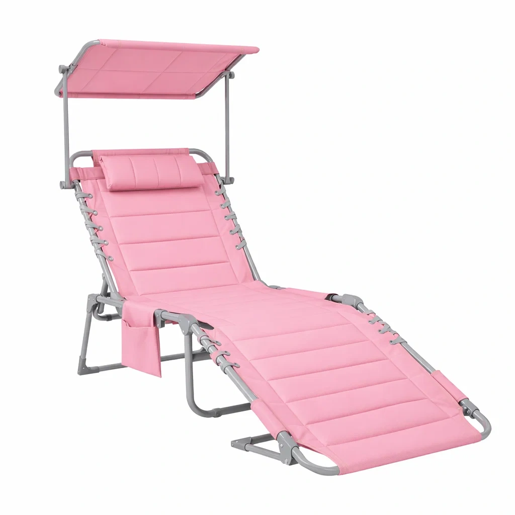 Lettino Prendisole in Tessuto e Metallo con Cuscino e Tettoia Rosa-FURNIGLO