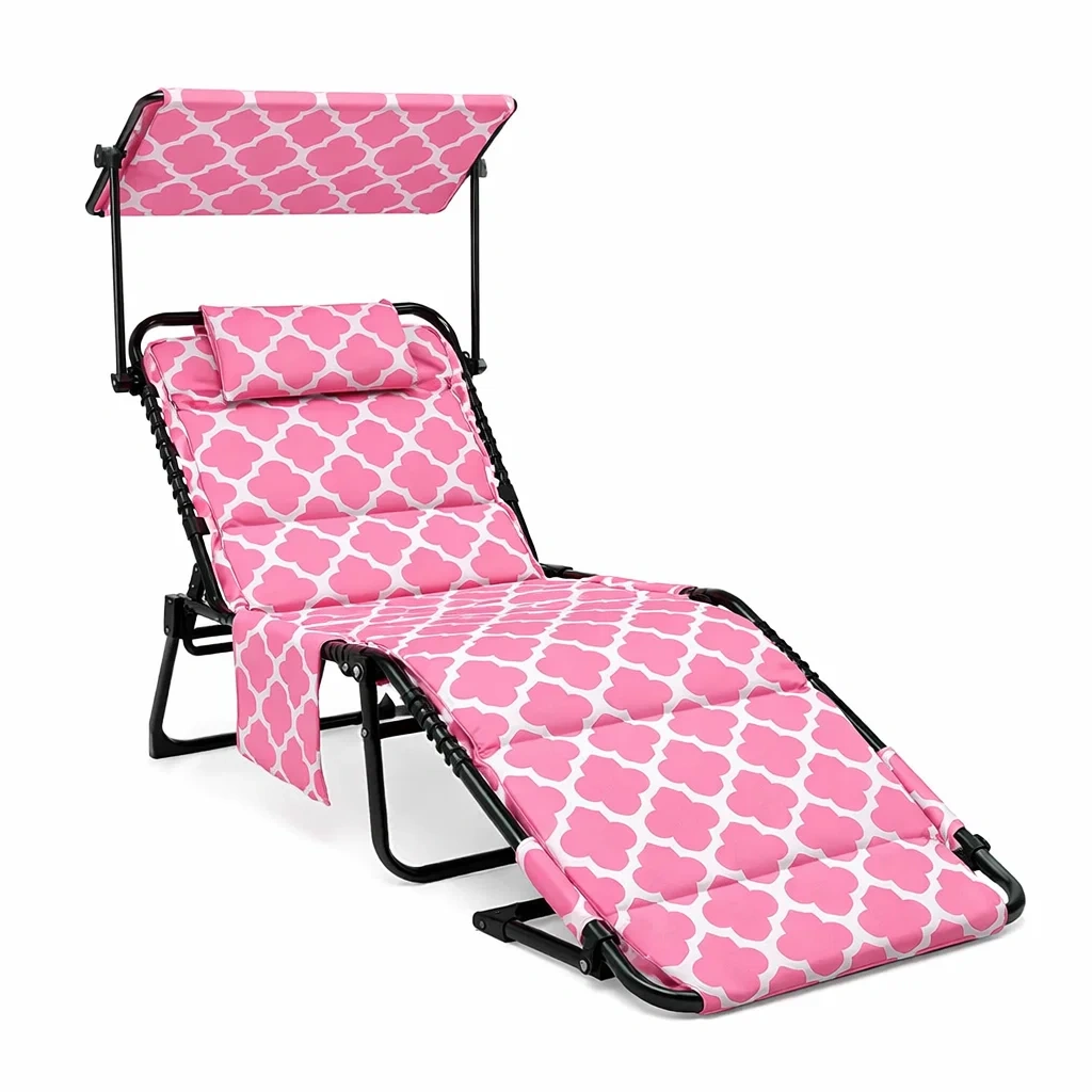 Sdraio Reclinabile in Metallo con Tettuccio e Cuscino Rosa-FURNIGLO