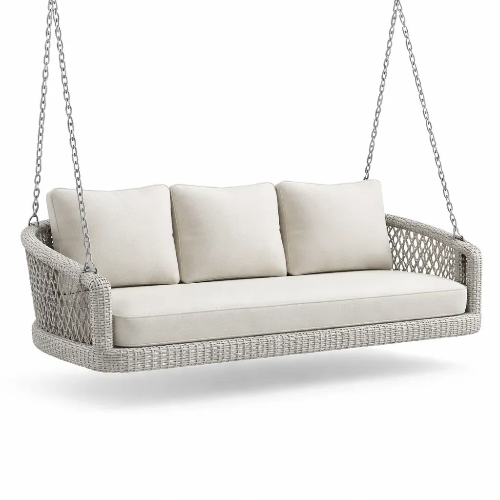Divano Altalena in Rattan Grigio con Cuscini in Tessuto Bianco-FURNIGLO