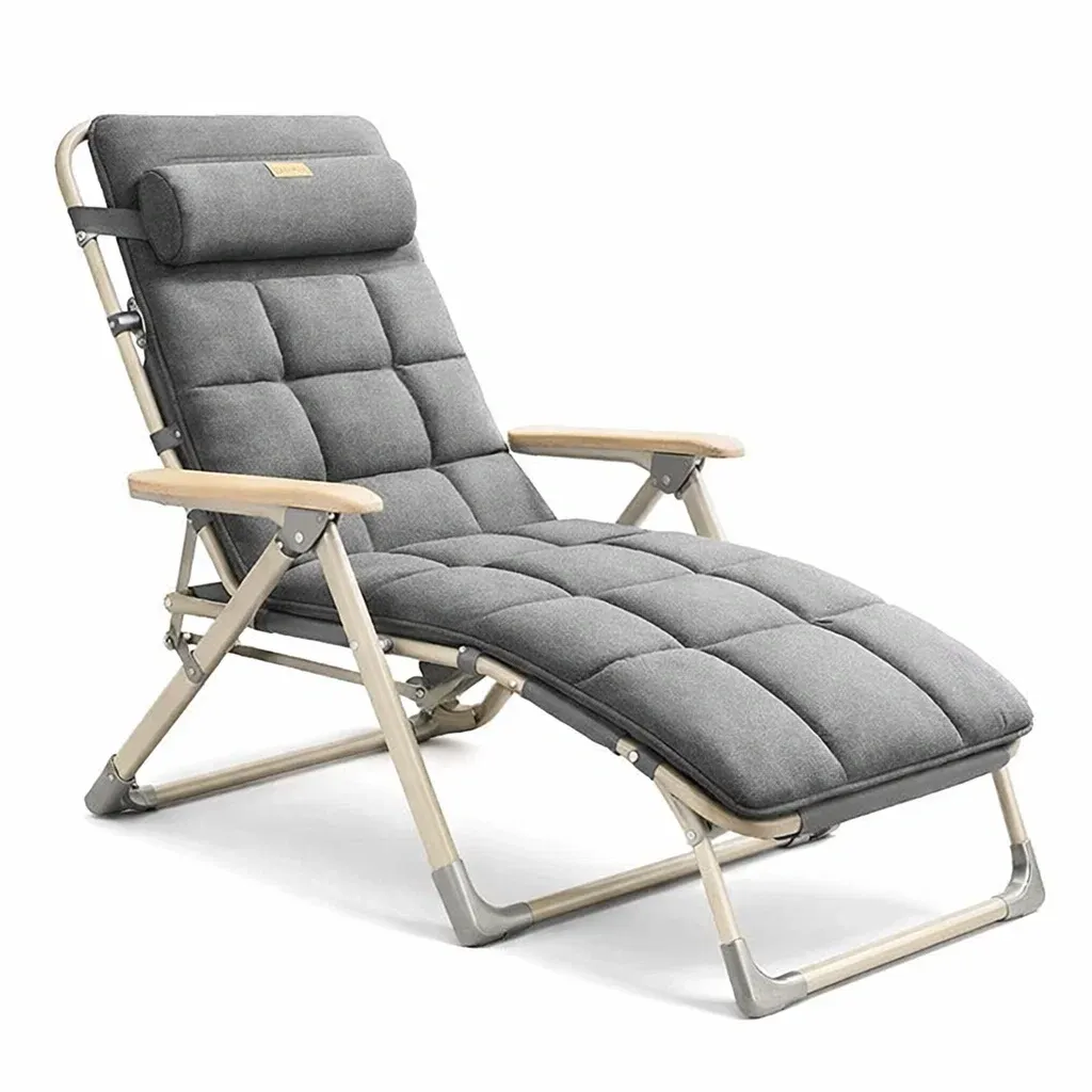 Sdraio Pieghevole in Tessuto Grigio con Struttura in Metallo e Legno-FURNIGLO