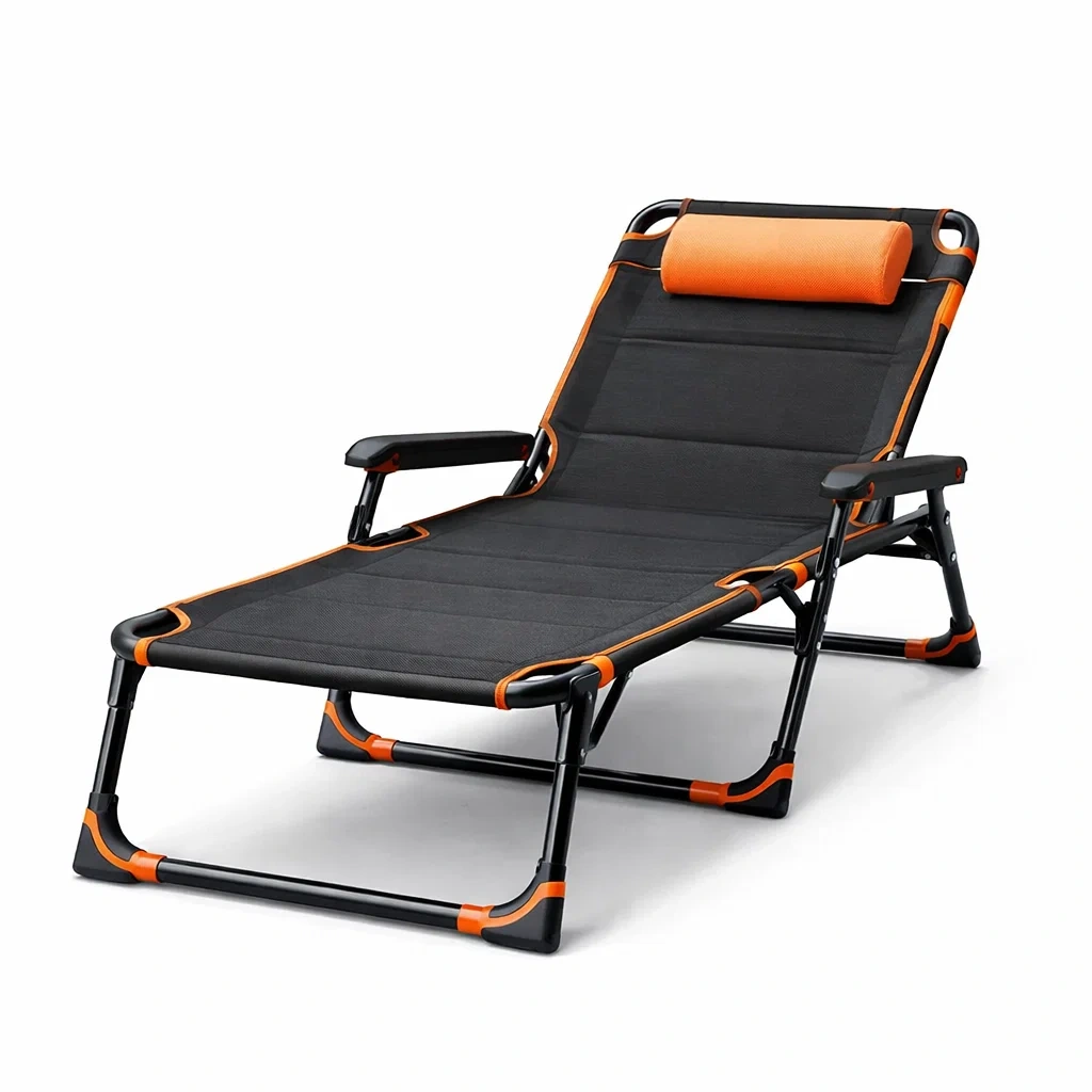 Lettino pieghevole in metallo con tessuto sintetico Nero e Arancione-FURNIGLO