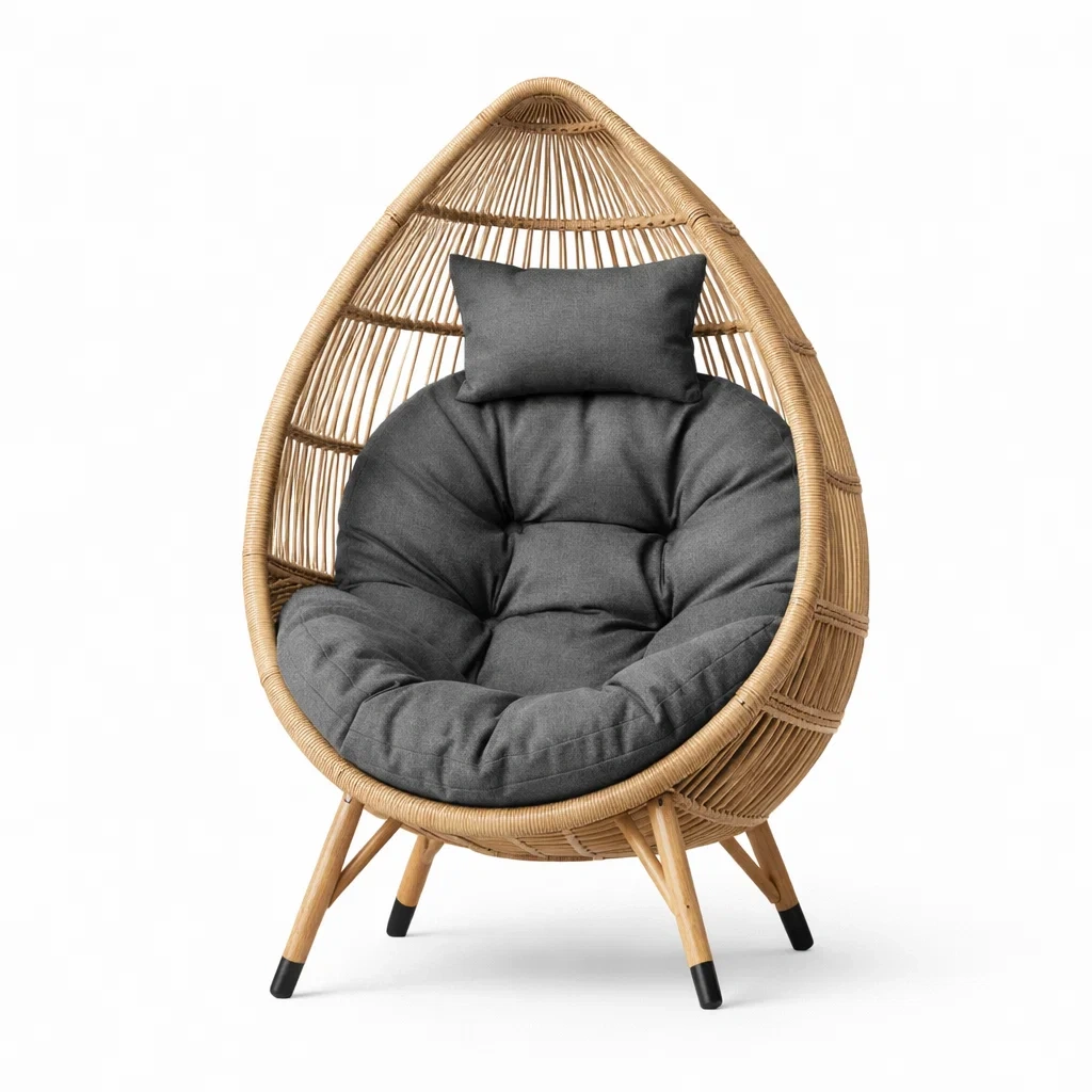 Poltrona a Uovo in Rattan con Cuscino in Poliestere Grigio-FURNIGLO