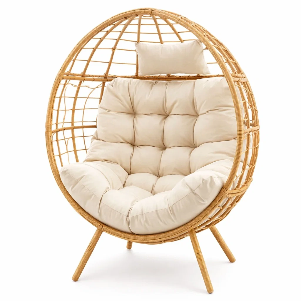 Sedia a Uovo in Rattan con Cuscini Beige-FURNIGLO