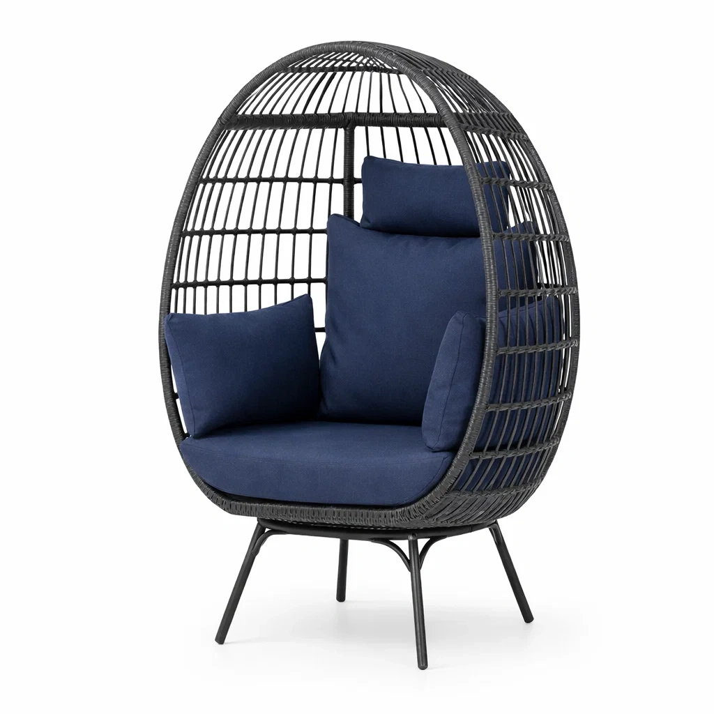 Poltrona a Uovo in Rattan con Cuscini Blu Scuro-FURNIGLO