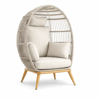 Poltrona a Uovo in Rattan Sintetico con Cuscini Beige-FURNIGLO