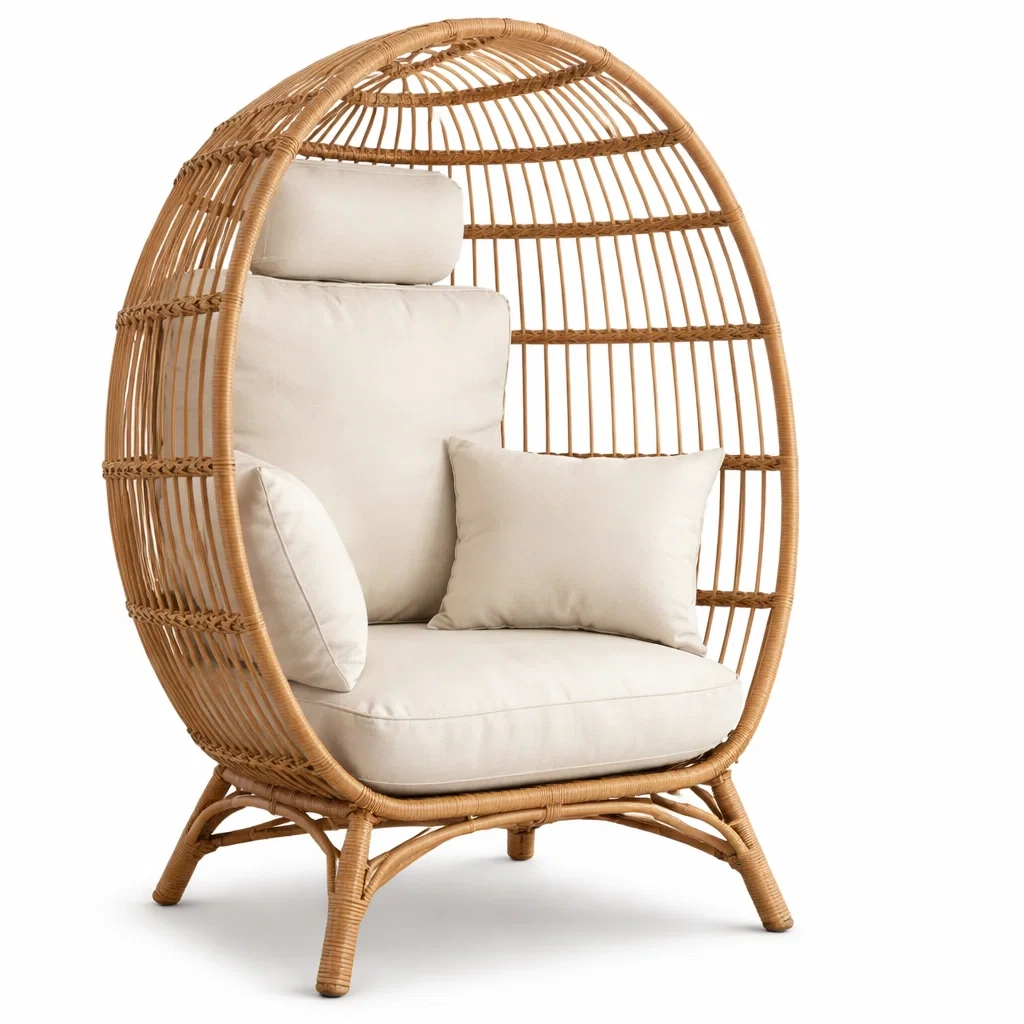 Poltrona a Uovo in Rattan con Cuscini Crema-FURNIGLO