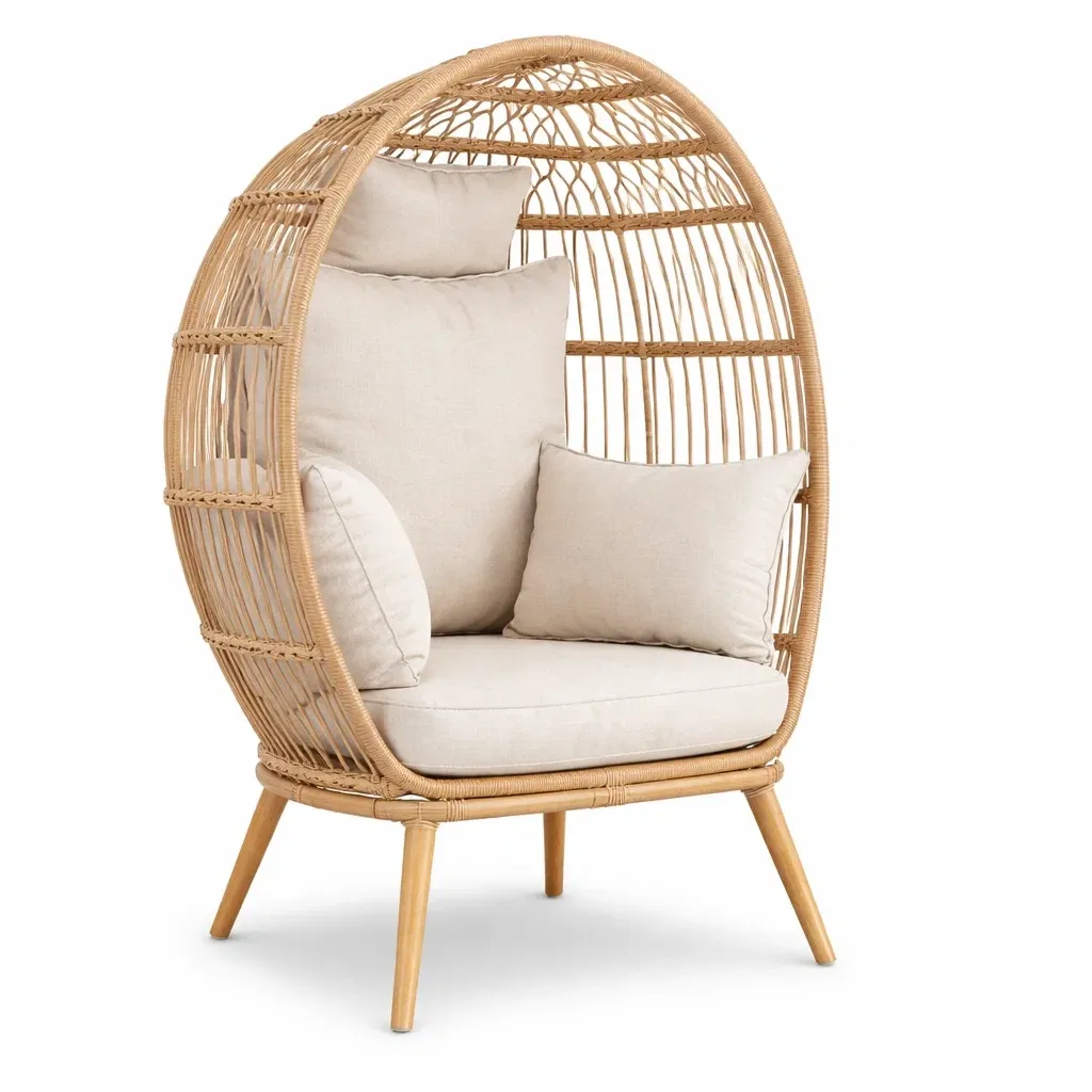 Poltrona a Uovo in Rattan con Cuscini Beige-FURNIGLO