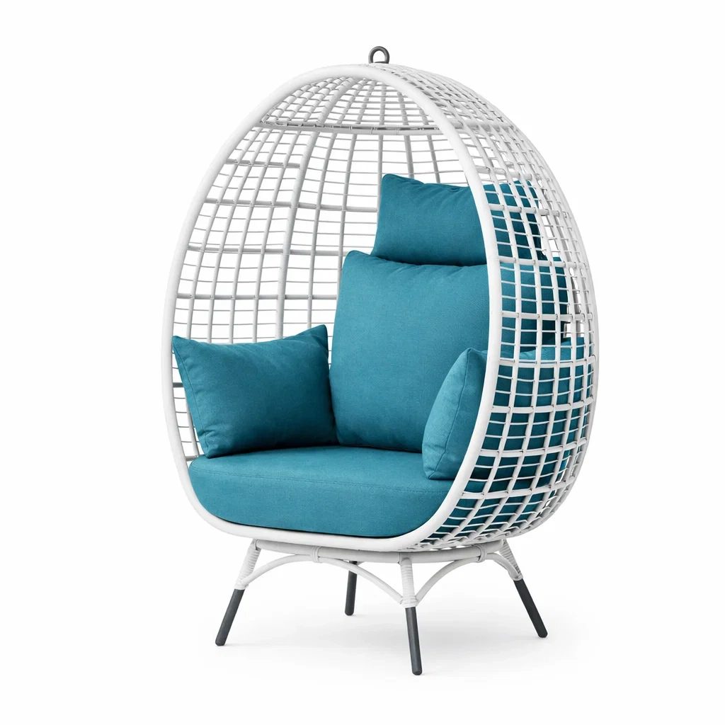Poltrona a Uovo in Rattan Sintetico Bianco con Cuscini Turchese-FURNIGLO
