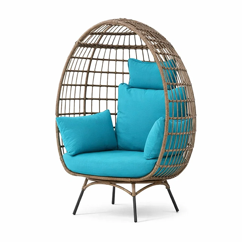 Poltrona a Uovo in Rattan Sintetico con Cuscini in Poliestere Blu-FURNIGLO