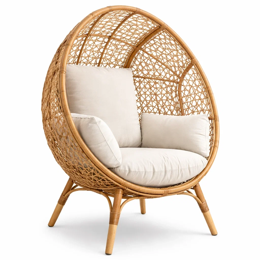 Poltrona a Uovo in Rattan con Cuscini Crema-FURNIGLO