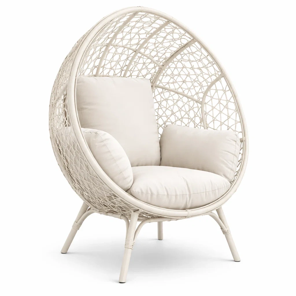 Poltrona a Uovo in Rattan Sintetico con Cuscini in Poliestere Crema-FURNIGLO