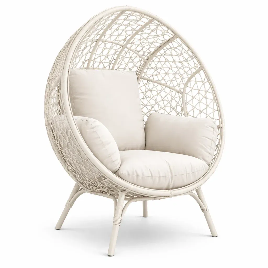 Poltrona a Uovo in Rattan Sintetico con Cuscini in Poliestere Crema-FURNIGLO