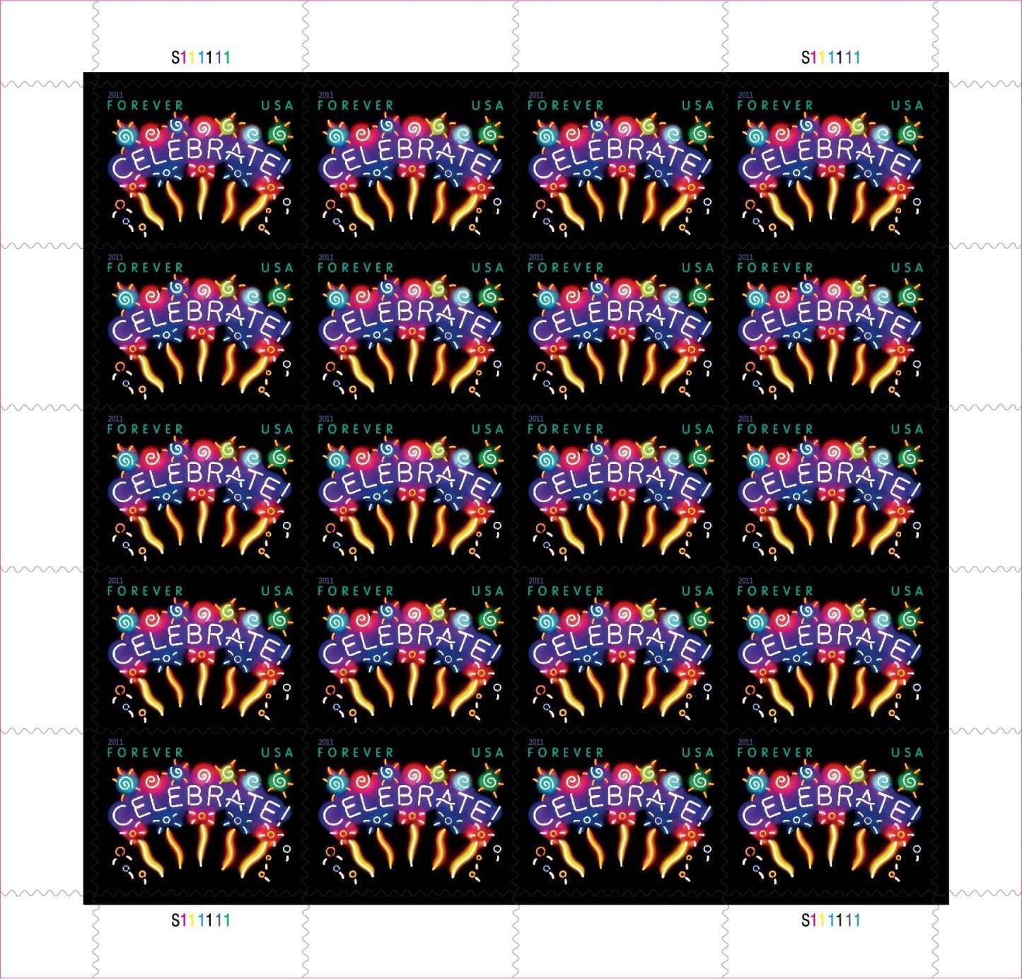 Sheet of 20 "CELEBRATE!" 2011 Forever USA stamps featuring colorful fireworks display with golden bursts and multicolored decorative elements on black background