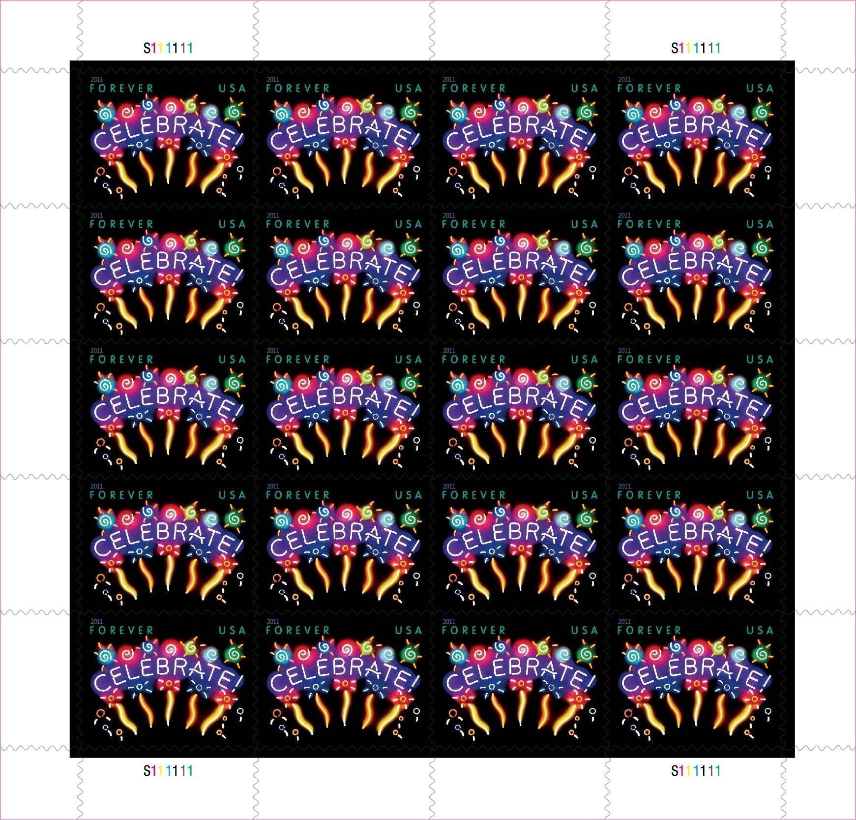 Sheet of 20 "CELEBRATE!" 2011 Forever USA stamps featuring colorful fireworks display with golden bursts and multicolored decorative elements on black background
