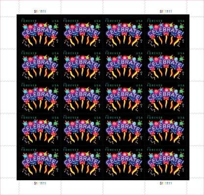 Sheet of 20 "CELEBRATE!" 2011 Forever USA stamps featuring colorful fireworks display with golden bursts and multicolored decorative elements on black background