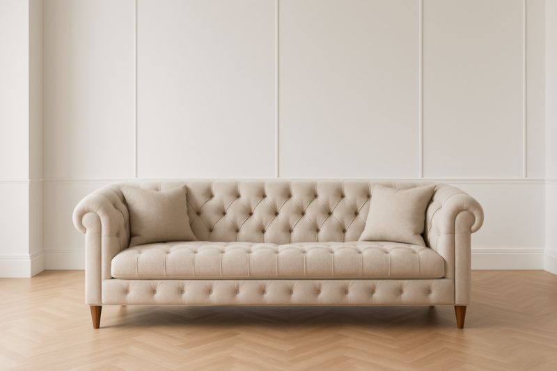 Canapé 2 Places en Tissu Beige avec Accoudoirs Roulés