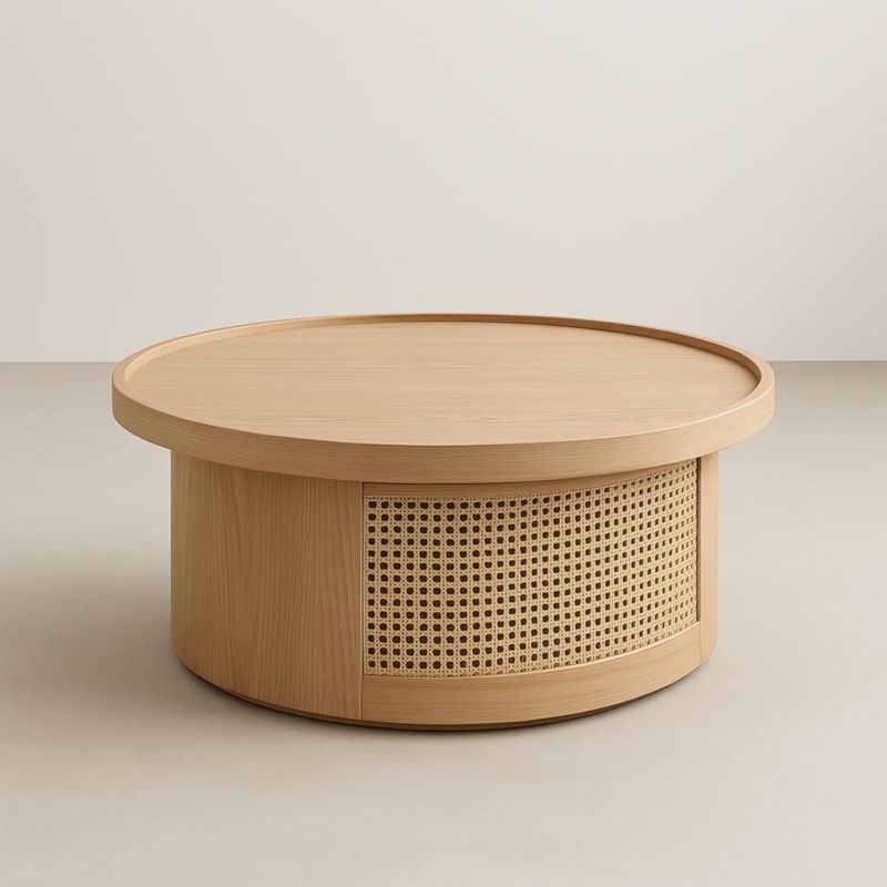 Table Basse Ronde en Chêne et Rotin