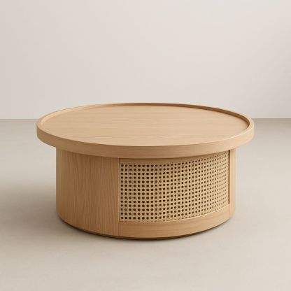 Table Basse Ronde en Chêne et Rotin