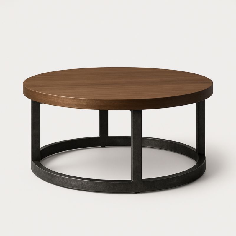 Table Basse Ronde en Bois et Acier, 80 cm