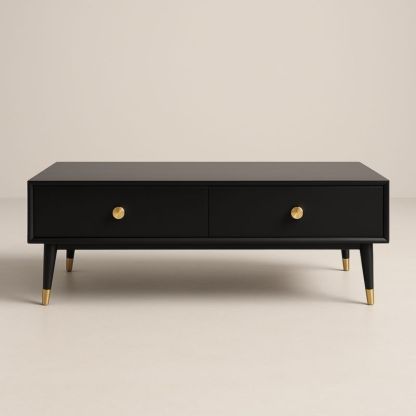 Table basse rectangulaire en bois noir avec poignées dorées