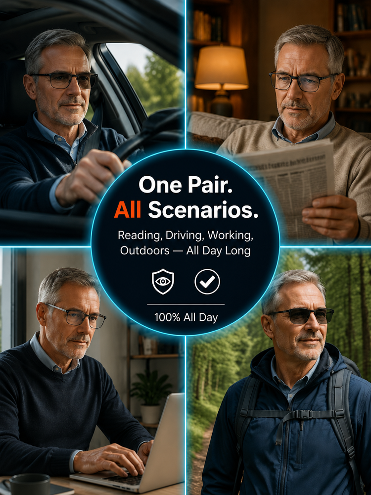 Smart photochromic variable focus multifunctional reading glasses