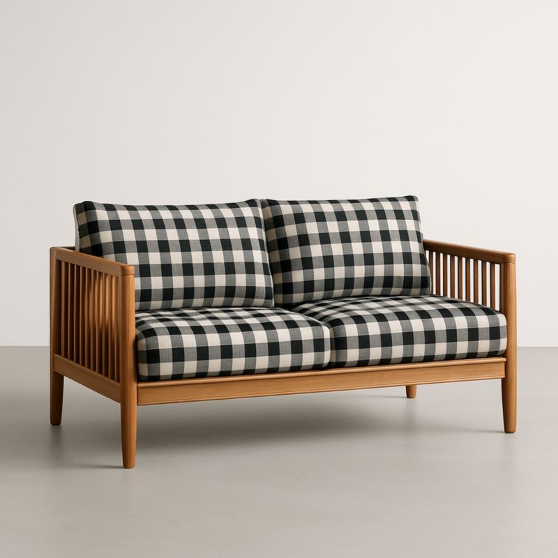 Canapé 2 Places Bois Tissu Noir Blanc Carreaux