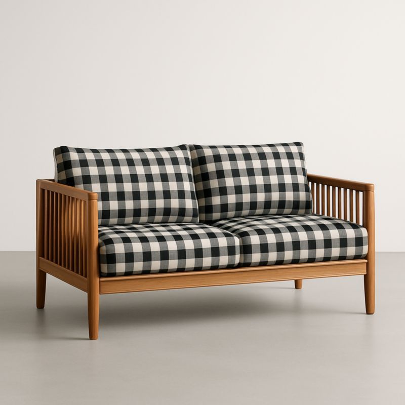Canapé 2 Places Bois Tissu Noir Blanc Carreaux