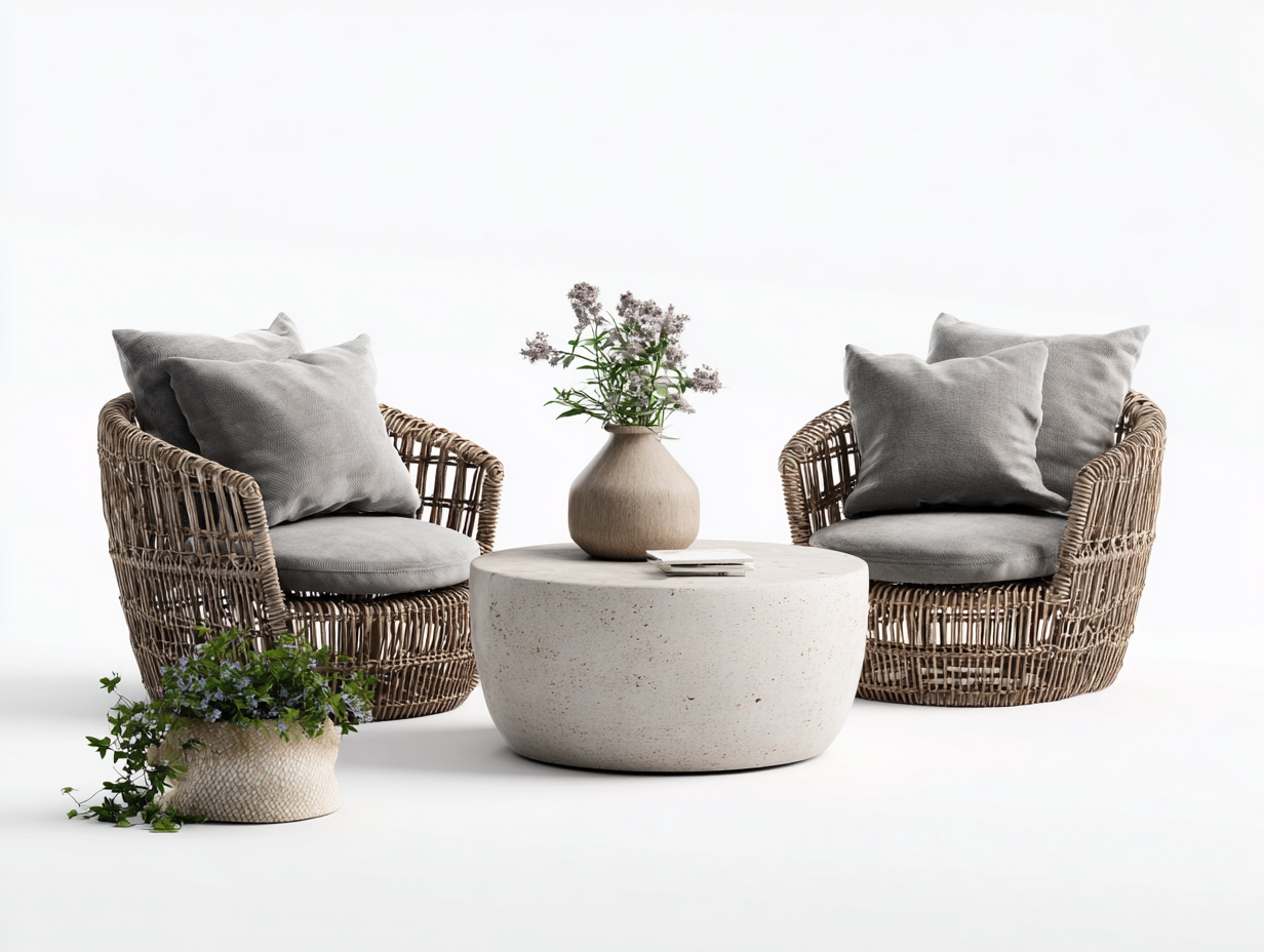 Set di poltrone e tavolino da giardino in rattan e pietra - poltrone 78x74x72 cm - naturale/grigio - per giardino - stile naturale-Sofaupmart