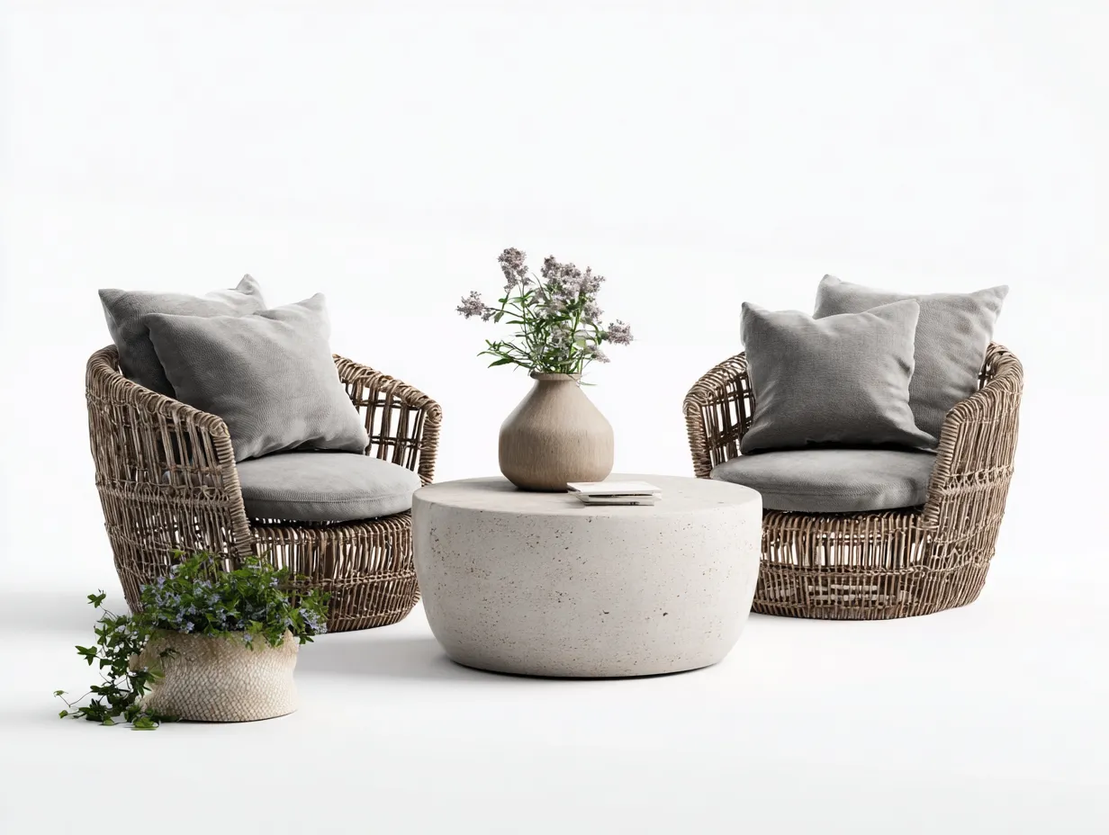 Set di poltrone e tavolino da giardino in rattan e pietra - poltrone 78x74x72 cm - naturale/grigio - per giardino - stile naturale-Sofaupmart