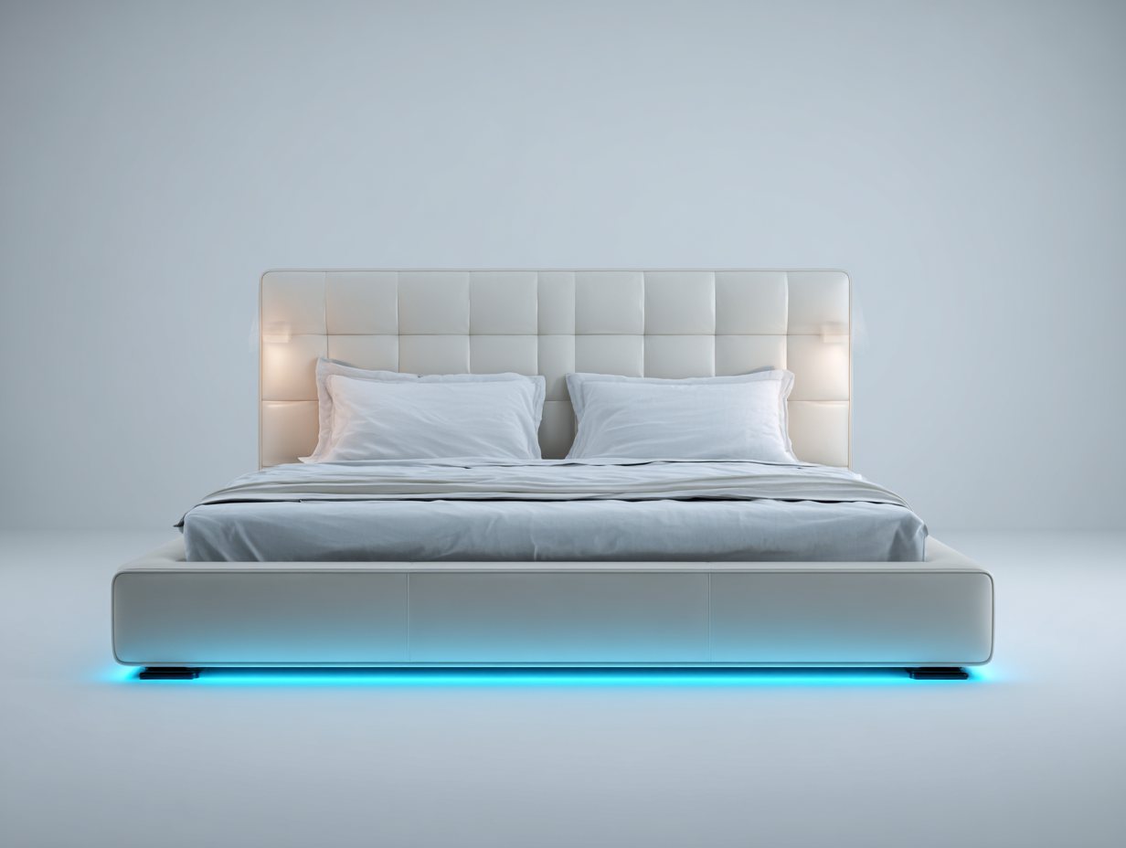 Letto matrimoniale imbottito in pelle sintetica 200x160x110 cm - bianco avorio - per camera da letto - con illuminazione LED-Sofaupmart