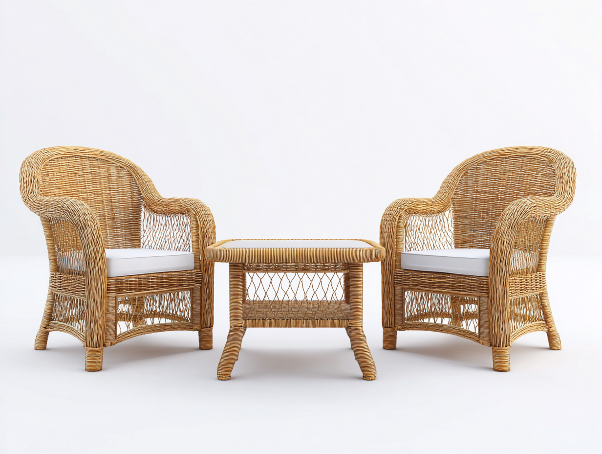 Set di 2 poltrone in rattan e tavolino rettangolare - poltrone 70x65x80 cm - naturale/bianco - per esterno - stile classico-Sofaupmart
