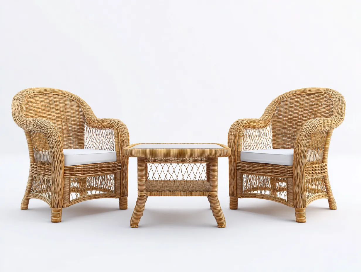 Set di 2 poltrone in rattan e tavolino rettangolare - poltrone 70x65x80 cm - naturale/bianco - per esterno - stile classico-Sofaupmart