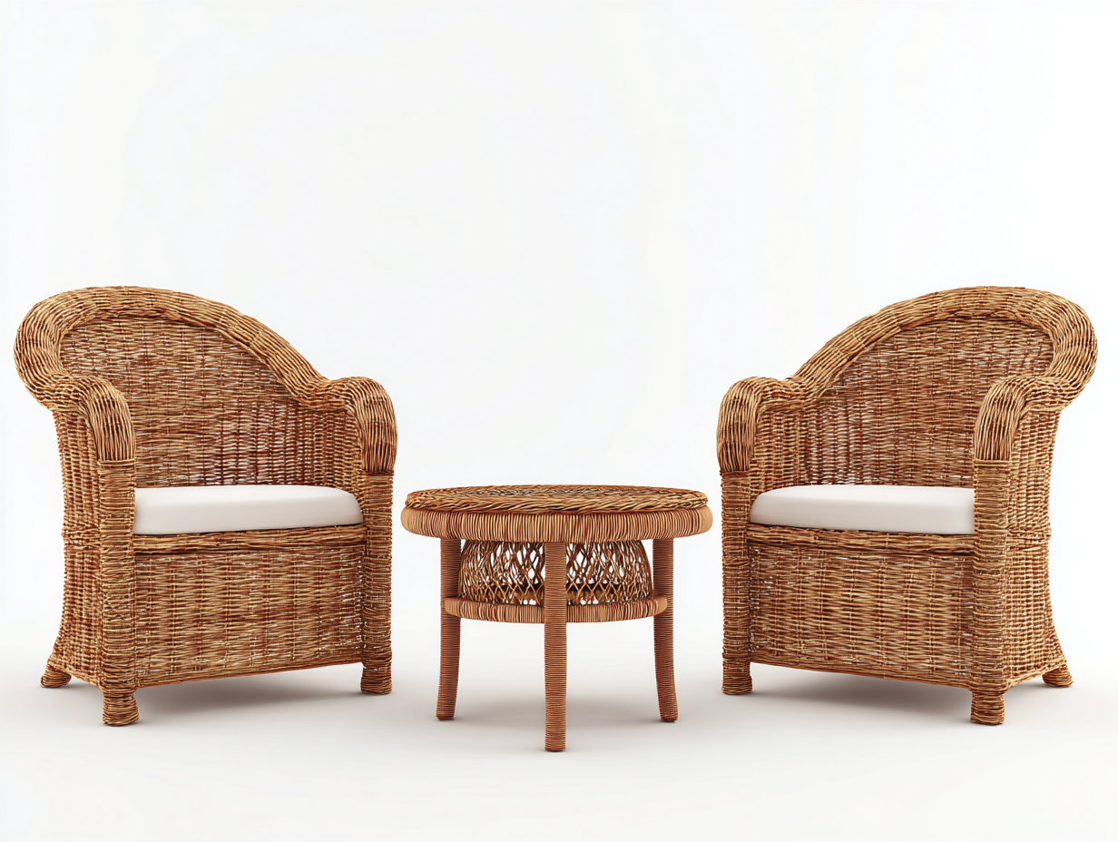 Set di 2 poltrone in rattan e tavolino rotondo - poltrone 72x68x78 cm - naturale/bianco - per esterno - stile classico-Sofaupmart