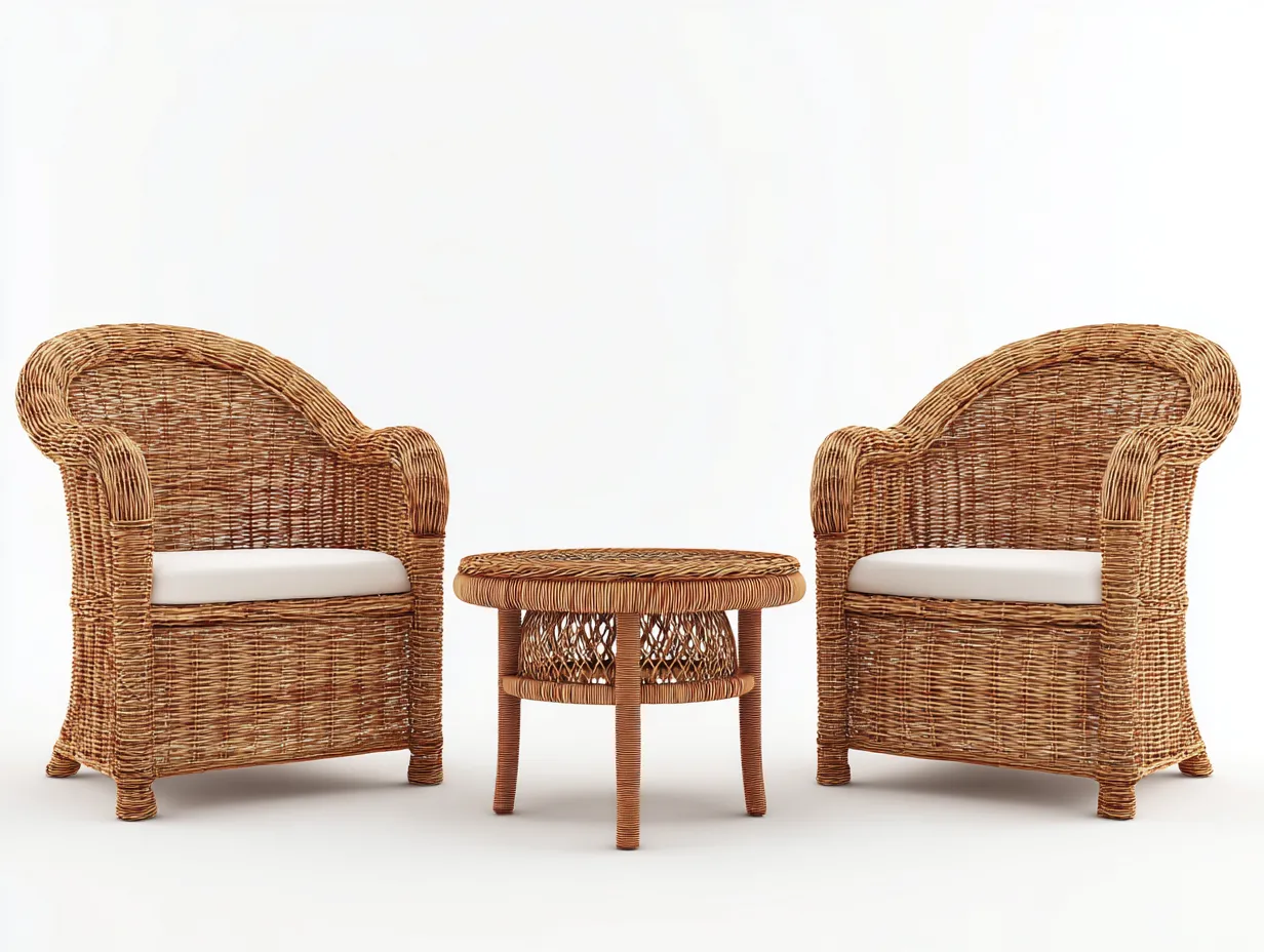 Set di 2 poltrone in rattan e tavolino rotondo - poltrone 72x68x78 cm - naturale/bianco - per esterno - stile classico-Sofaupmart