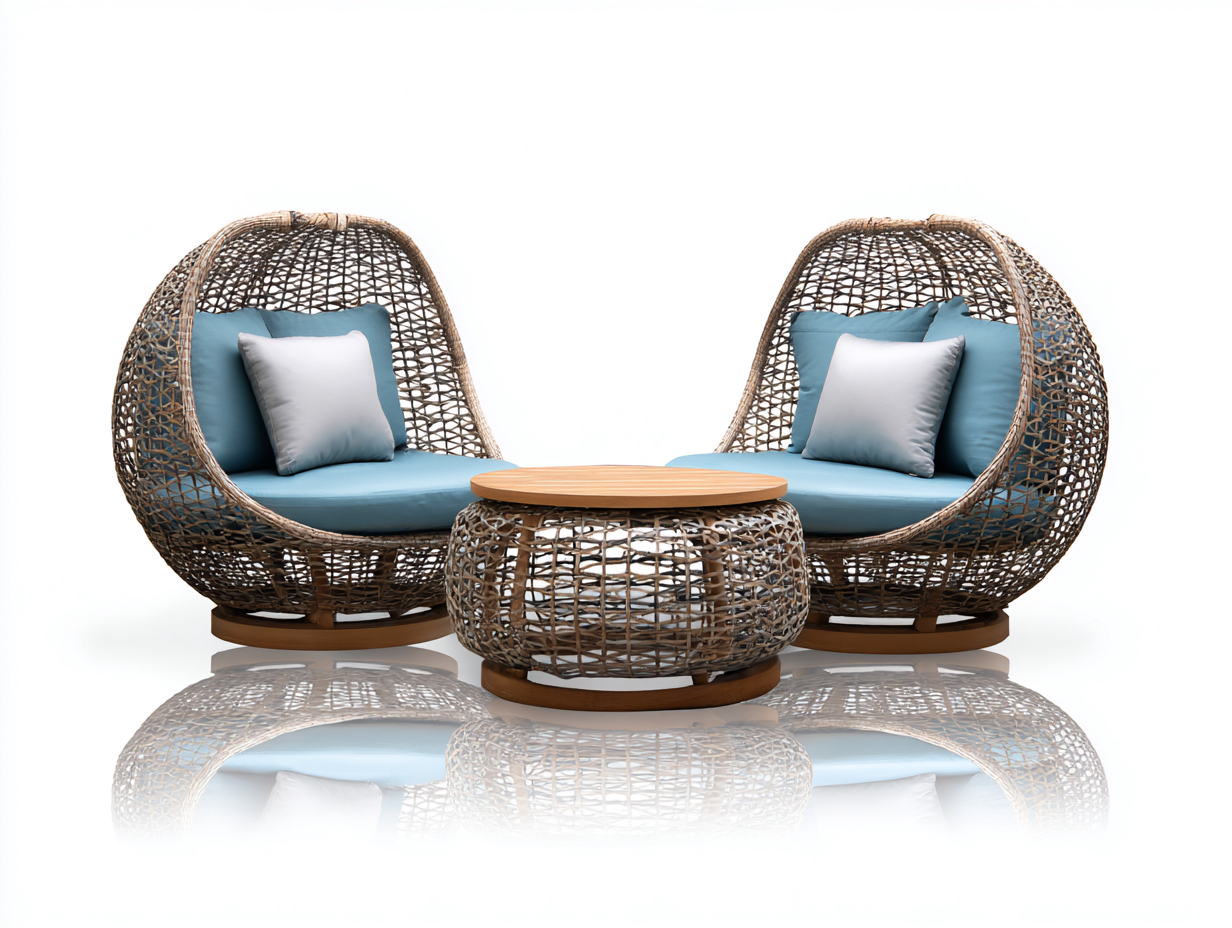 Set di poltrone e tavolino da giardino in rattan rotondo - poltrone 78x80x78 cm - naturale/blu - per giardino - design avvolgente-Sofaupmart