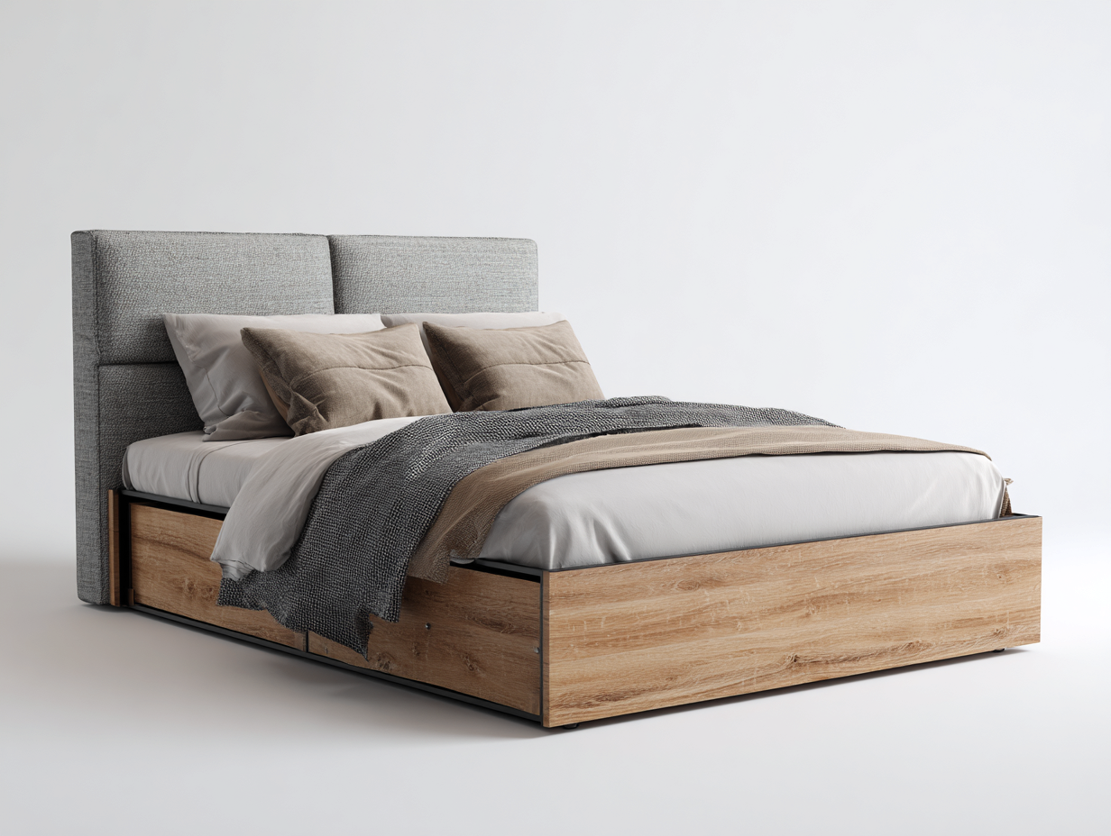 Letto matrimoniale imbottito con contenitore in tessuto e legno 200x160x110 cm - grigio chiaro/rovere - per camera da letto - design moderno-Sofaupmart