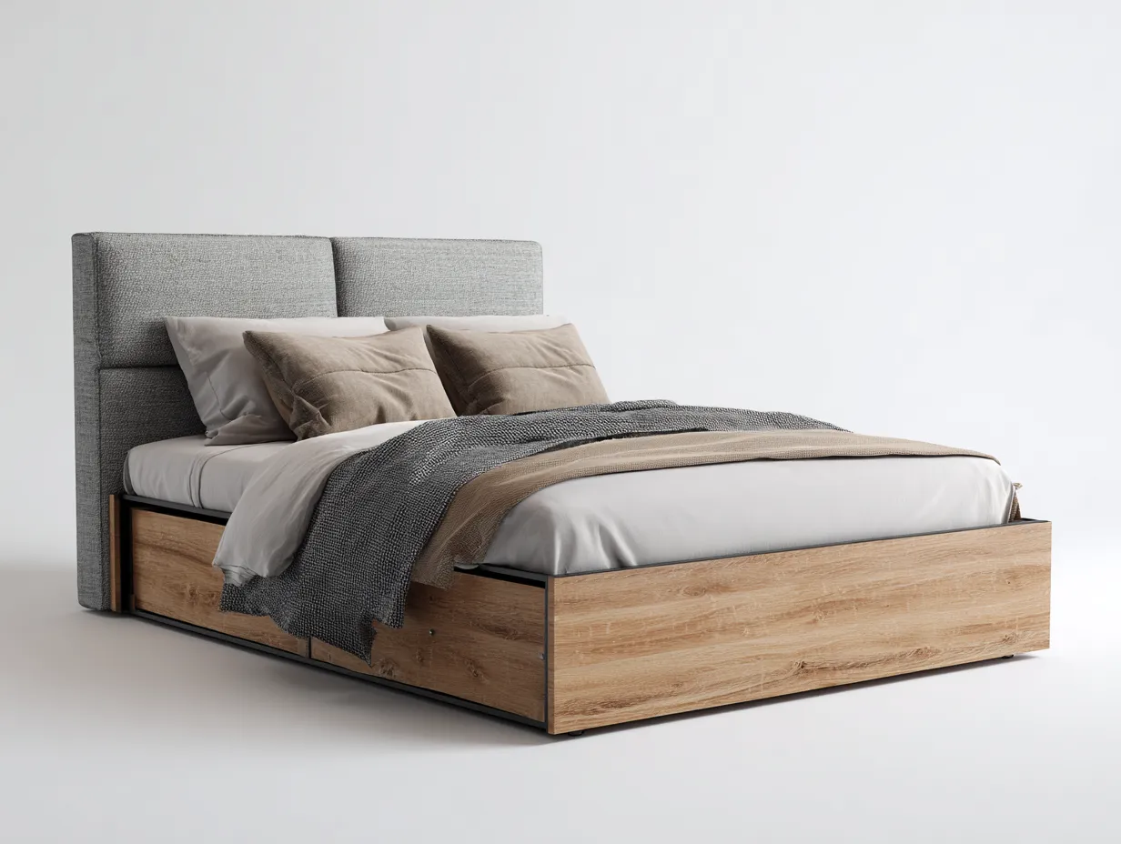 Letto matrimoniale imbottito con contenitore in tessuto e legno 200x160x110 cm - grigio chiaro/rovere - per camera da letto - design moderno-Sofaupmart