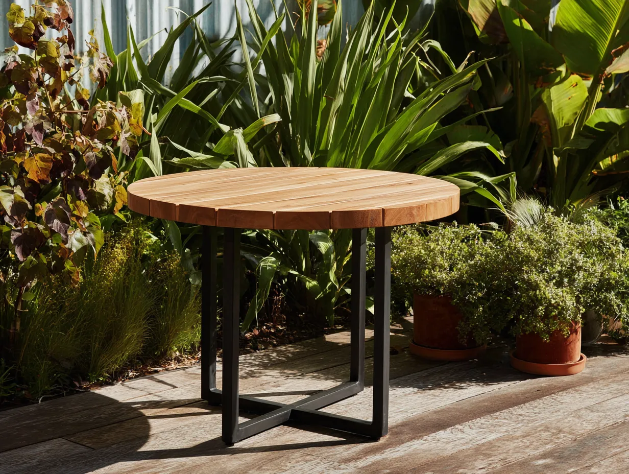 Tavolo da pranzo rotondo in legno 120x120x85cm - legno naturale/nero - per giardino - design moderno-Nookgohub