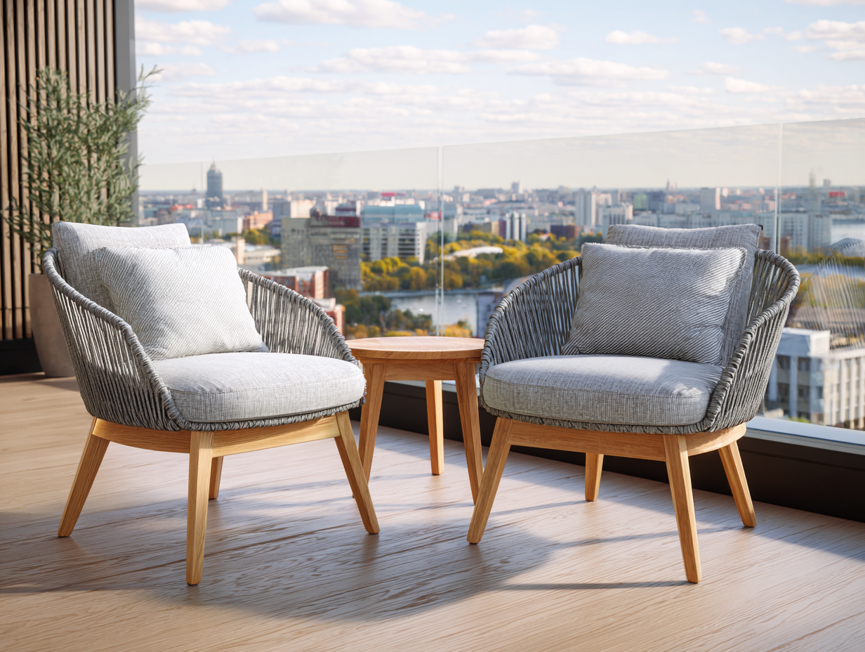 Set di 2 poltrone e tavolino da esterno in corda - poltrone 70x74x80 cm - grigio chiaro/legno naturale - per terrazza - stile moderno-Nookgohub