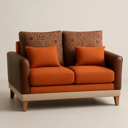 Divano due posti in tessuto e pelle marrone con cuscini decorativi 140x80x90 cm