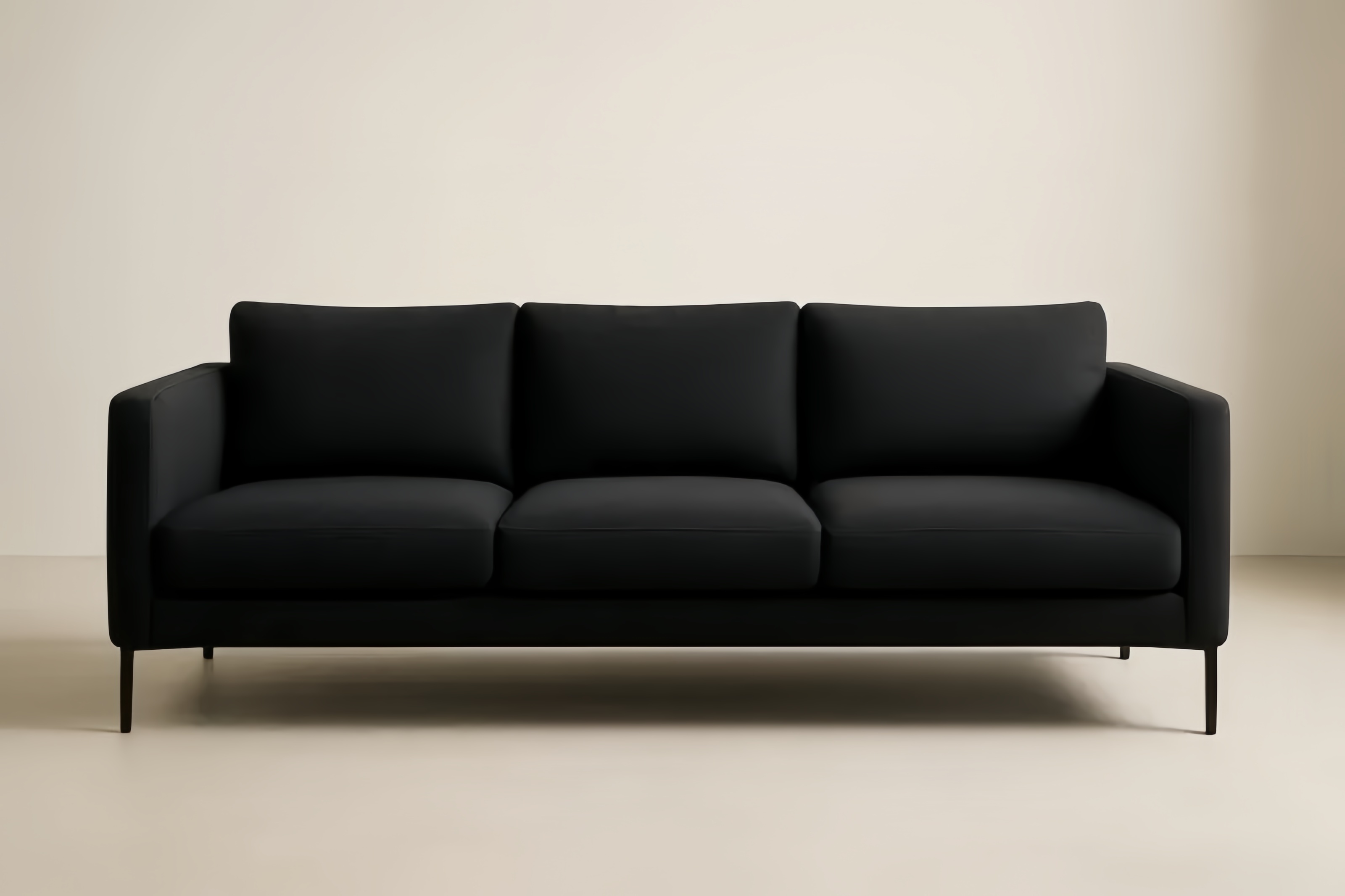 Divano lungo a tre posti in tessuto poliestere nero con struttura in acciaio