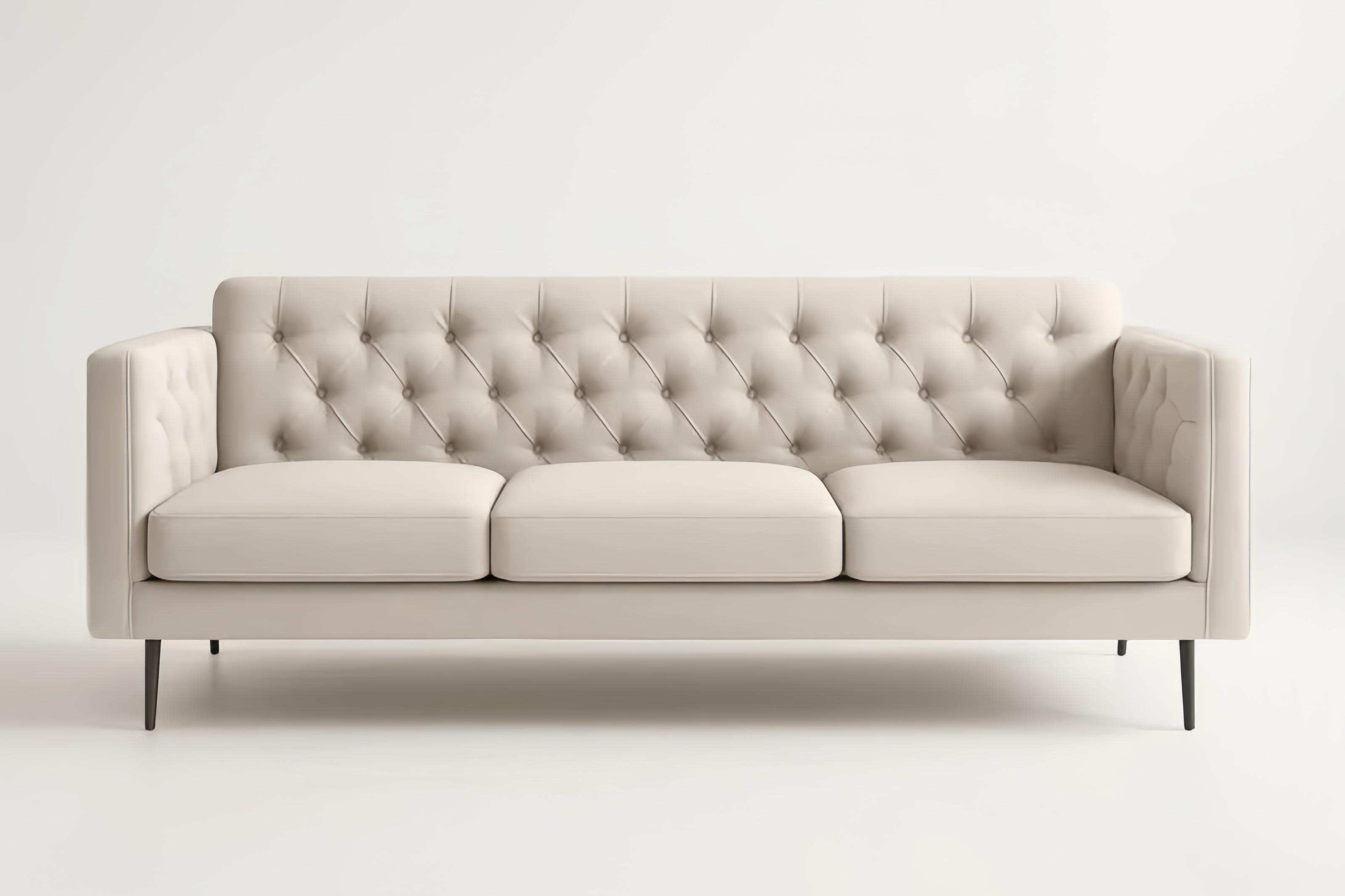 Divano lungo tre posti in tessuto poliestere beige con gambe in acciaio