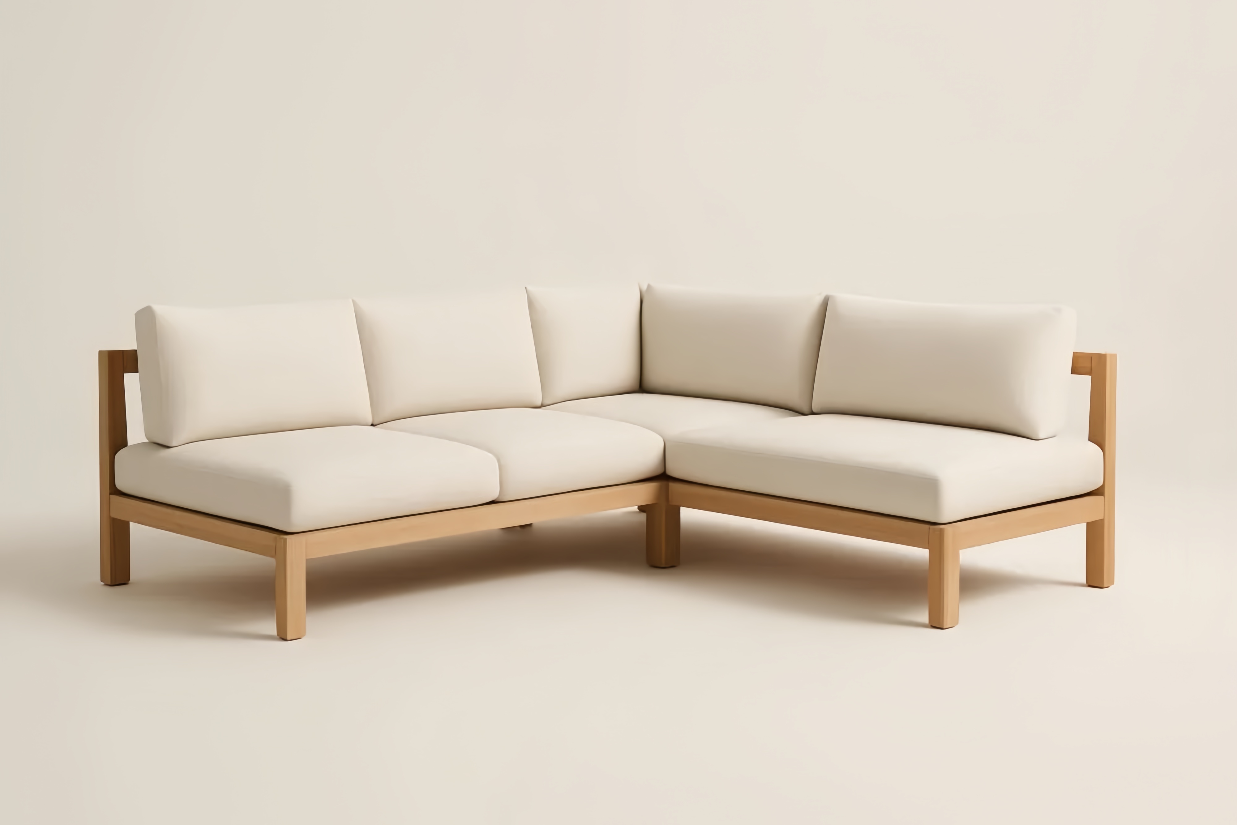 Divano Angolare in Legno Massello con Cuscini in Poliestere Beige